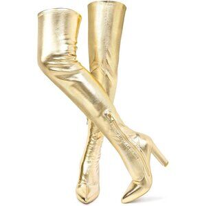 Women Gold Chunky Heel Over The Knee Patent Leather PU Stretchy Tall Boot